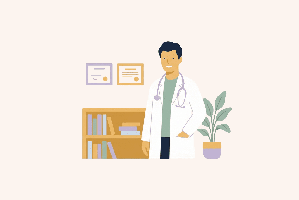 Illustration of a smiling doctor beside a bookshelf and certificates