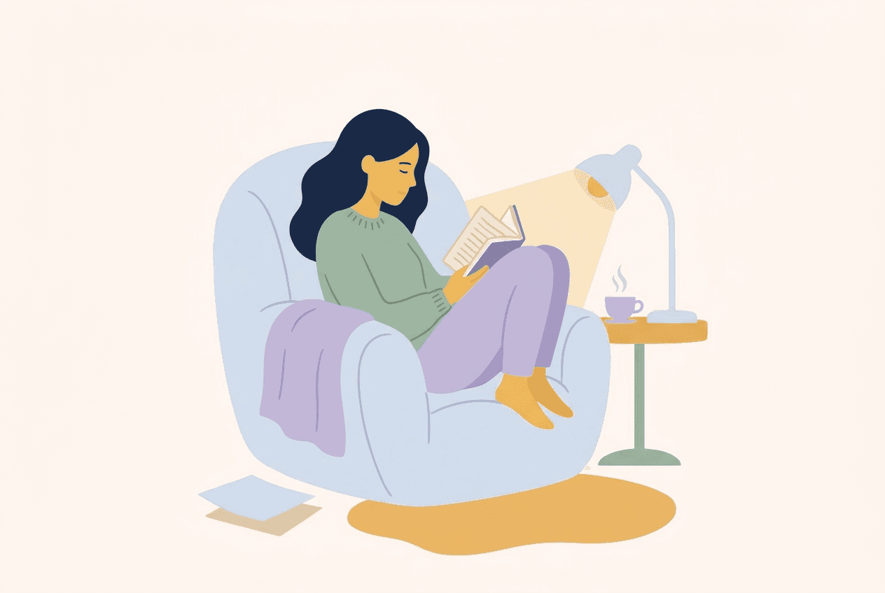 Illustration of a person reading in an armchair with a cup of tea