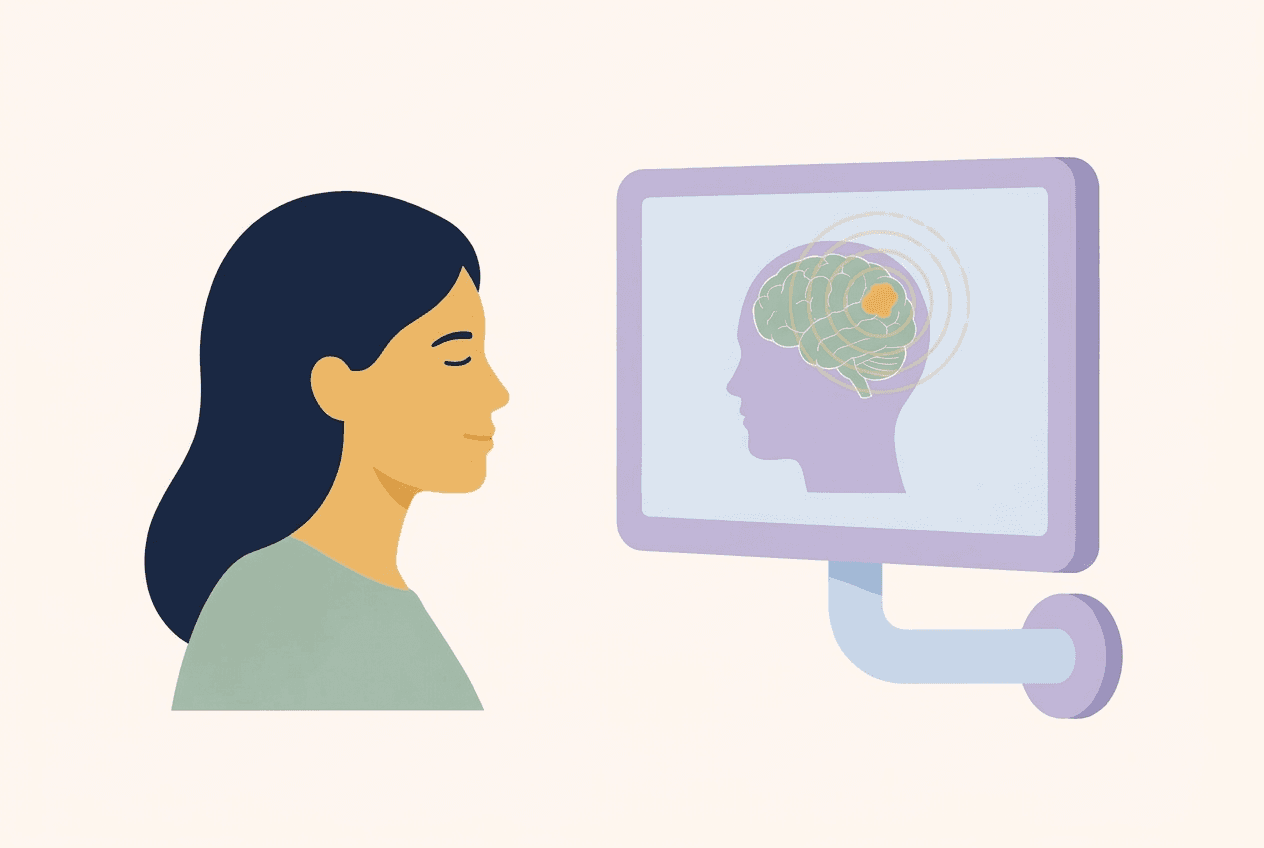 Illustration of a patient beside a brain scan with one highlighted area
