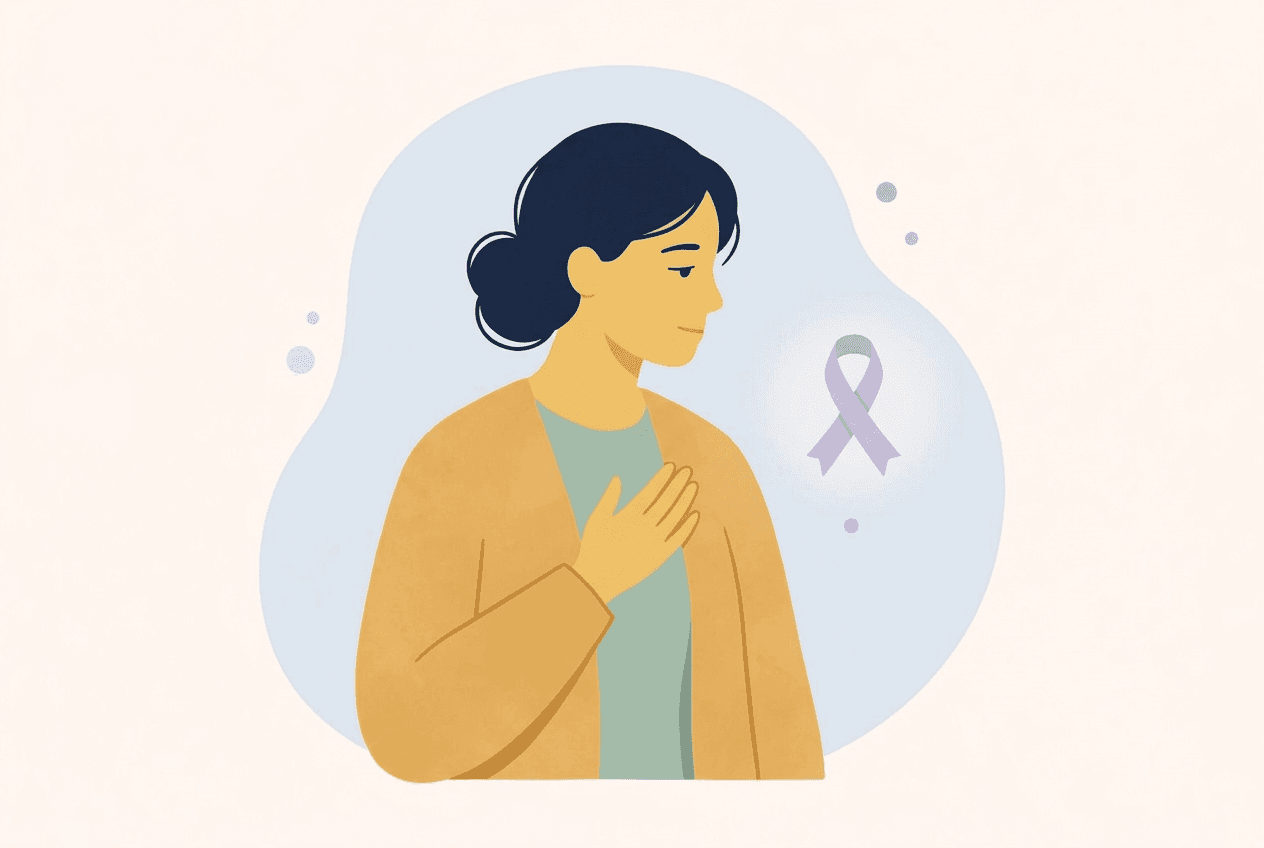 Illustration of a woman with a hand on her chest beside an awareness ribbon