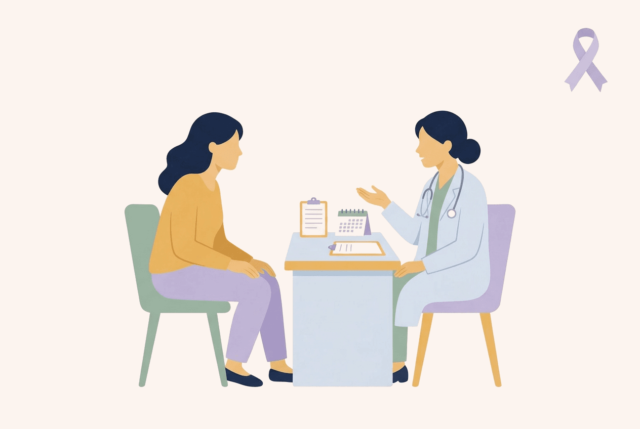 Illustration of a woman talking with a female doctor