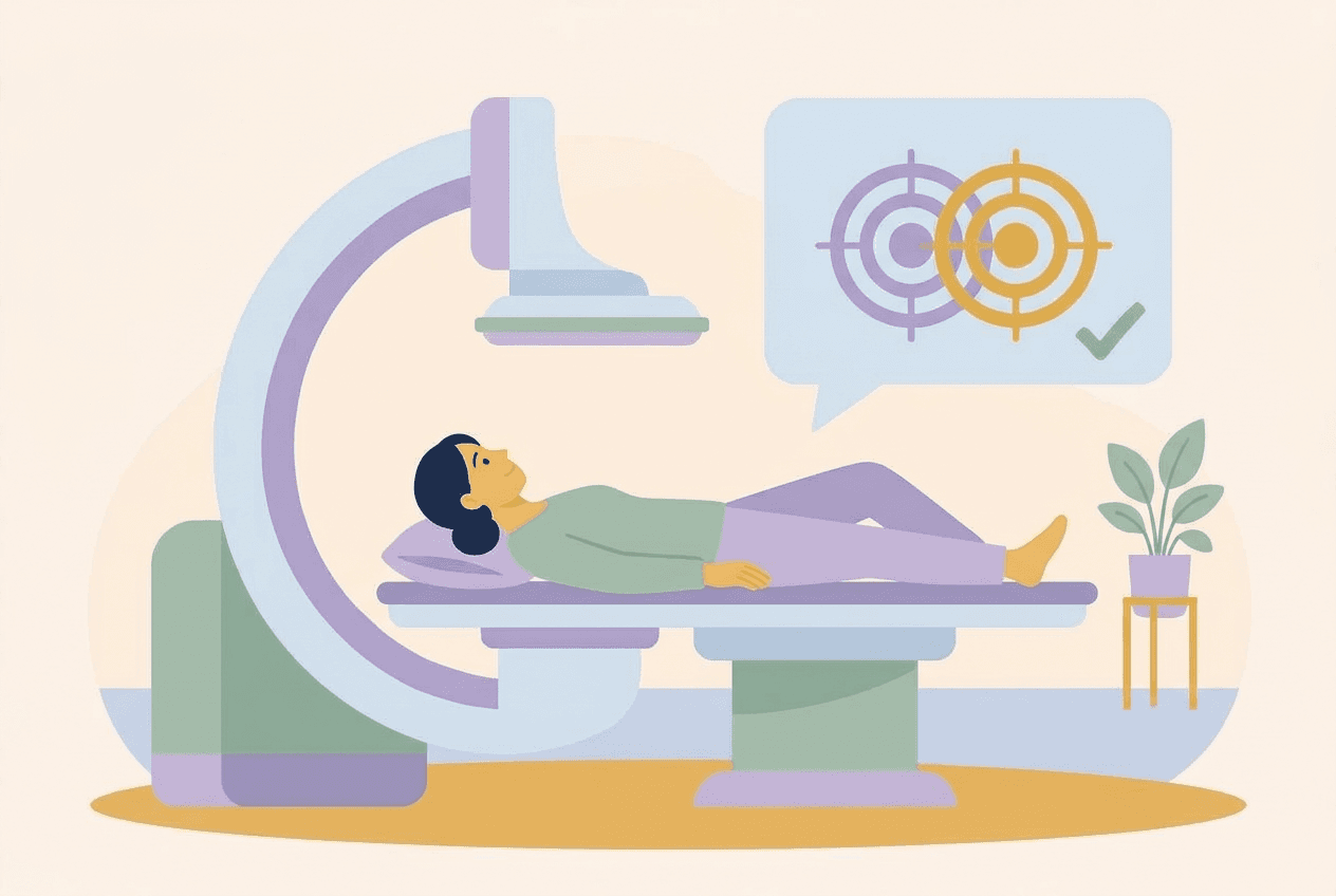 Illustration of a patient on a treatment couch under an imaging arm, with two targets lining up