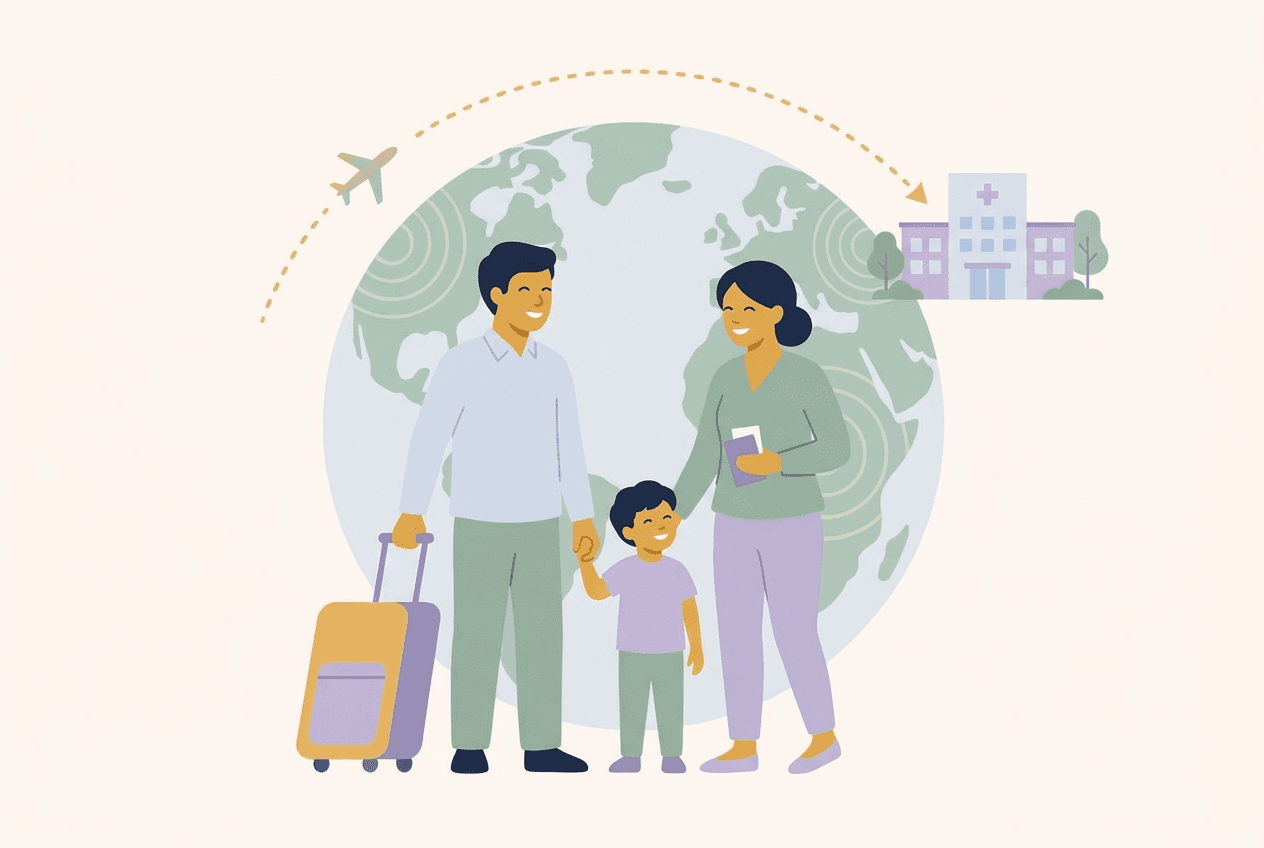 Illustration of a family with a suitcase and a flight path to a hospital