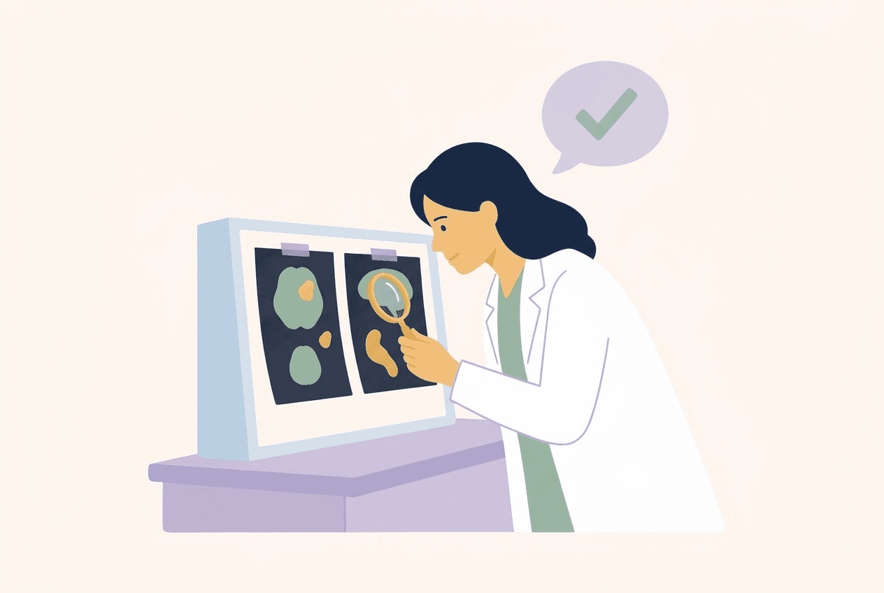 Illustration of a doctor reviewing two scans side by side