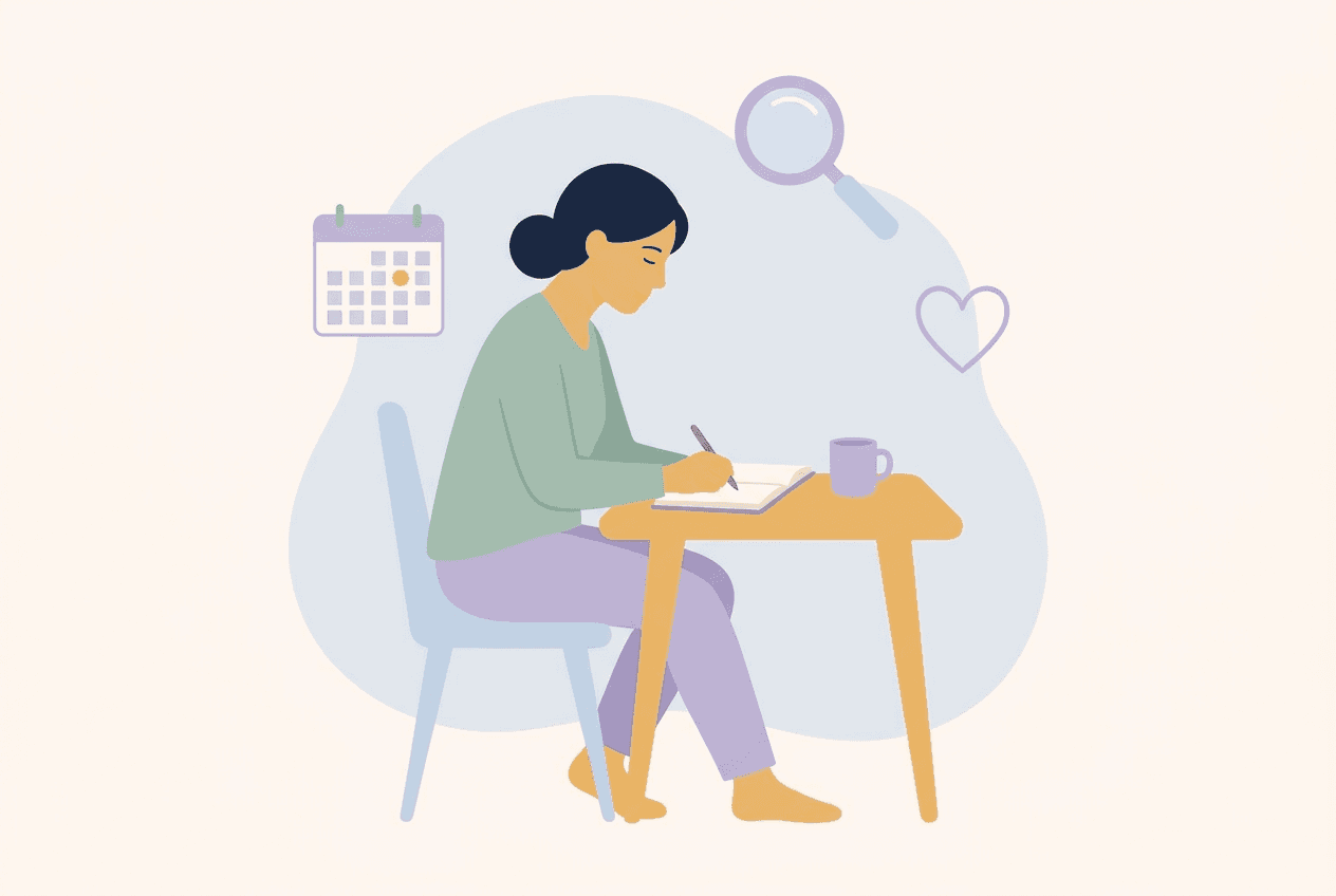 Illustration of a woman noting down symptoms in a notebook