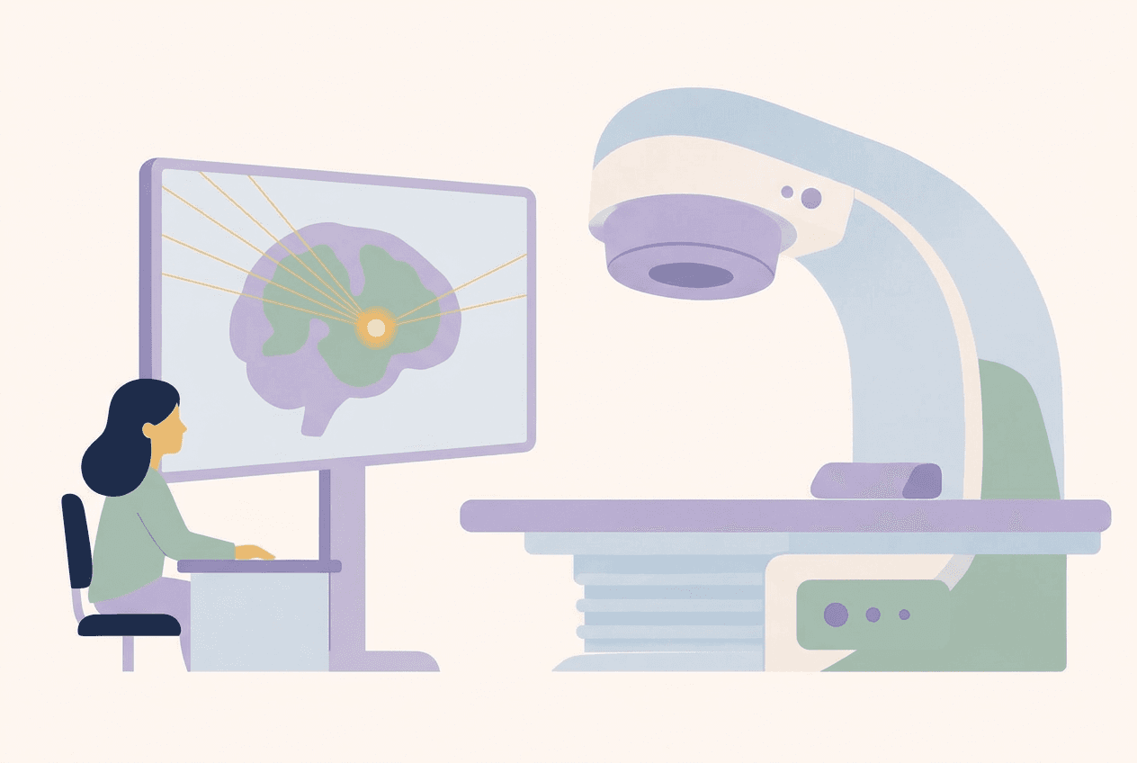 Illustration of a radiation machine and a planning screen with beams converging on a target