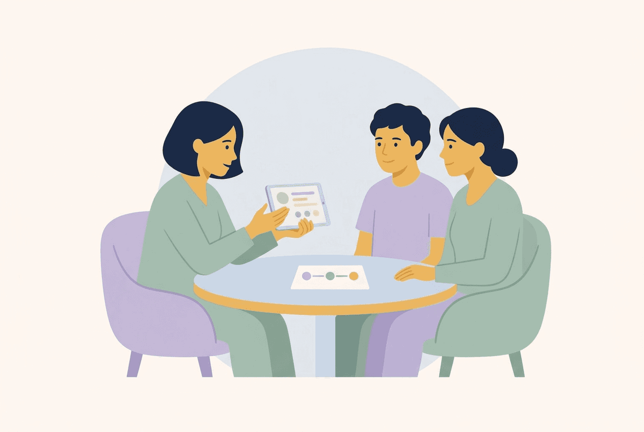Illustration of a doctor explaining a treatment plan to a patient and family